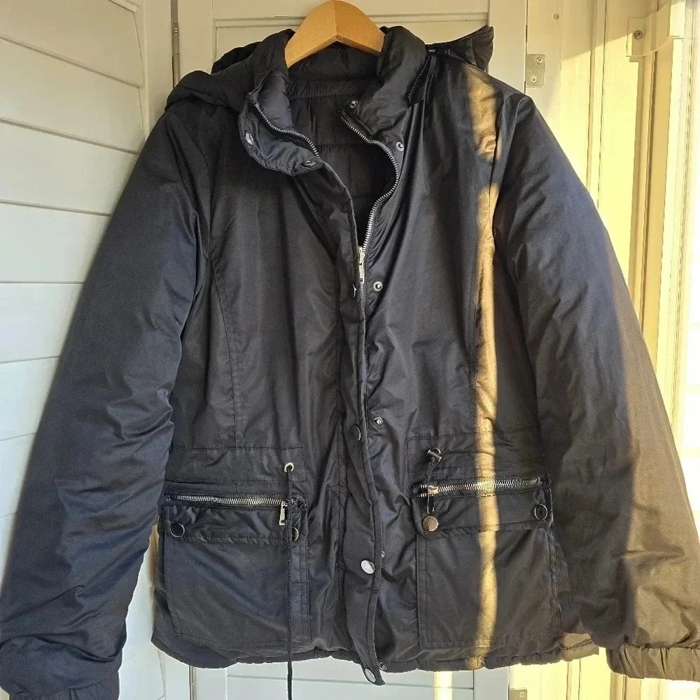 Womens Reversible Black Warm Parka Jacket size M Hooded